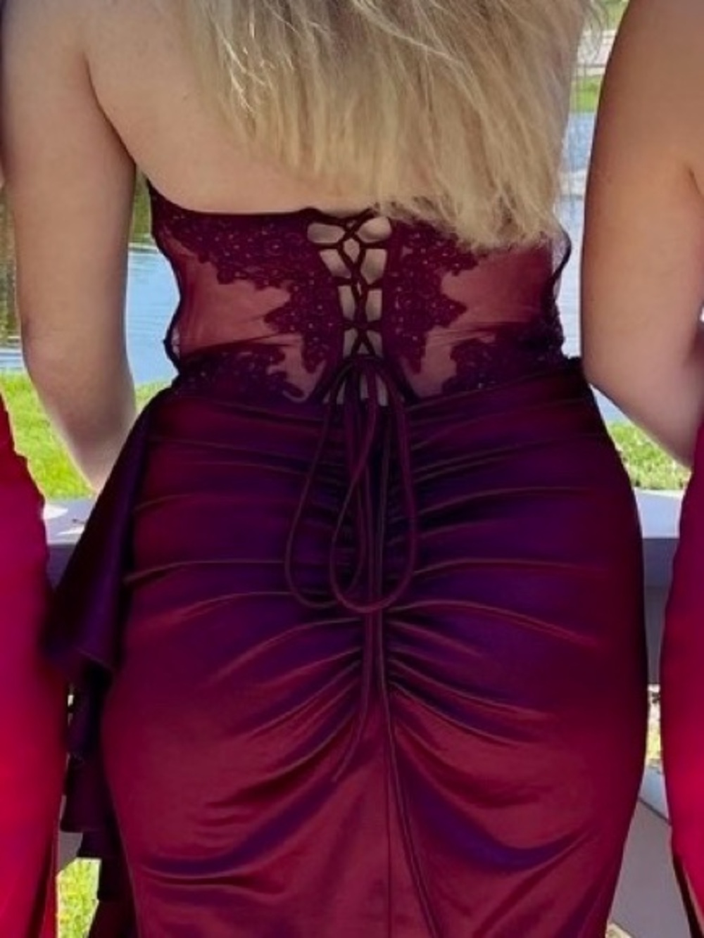 Women's Strapless Lace-Back Ruched Burgundy Dress